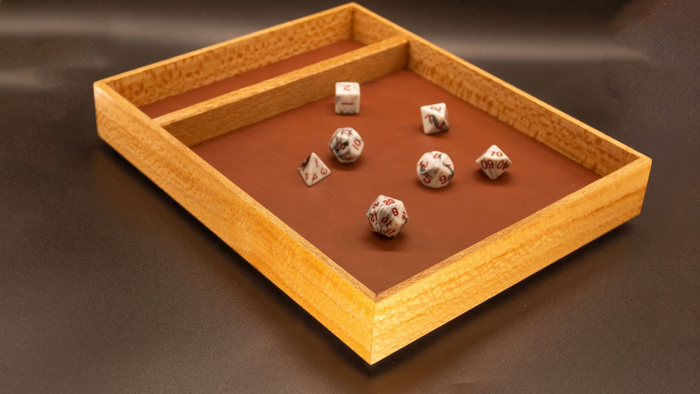 Dice rolling tray from silky oak hardwood and with leather or PU leather for Dungeons and Dragons or other Role Playing Game