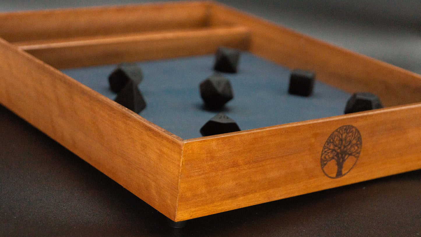 
                  
                    Ironbark dice tray with black dice front view
                  
                
